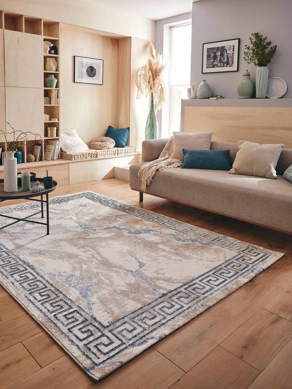 Tapis de salon style vintage lavable en machine bleu – Nazar rugs