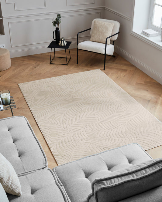 Tapis poils ras motif feuille en relief crème : BLO1035CRE BLOOM