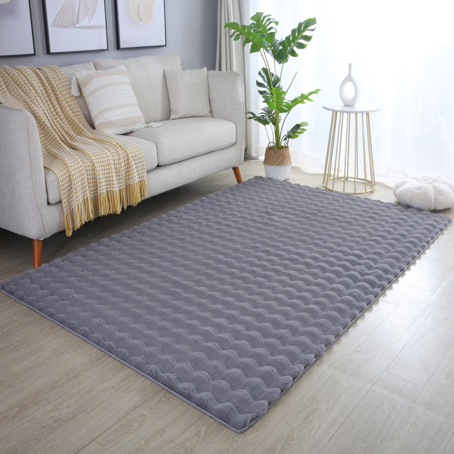 LAPONIE - Tapis uni doux à poils longs effet vague - LAP5110GRI