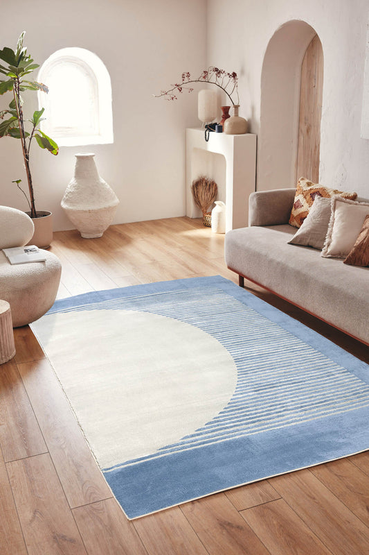 Tapis de salon à poils ras motif demi-cercle bleu : NEL790BLE NELY