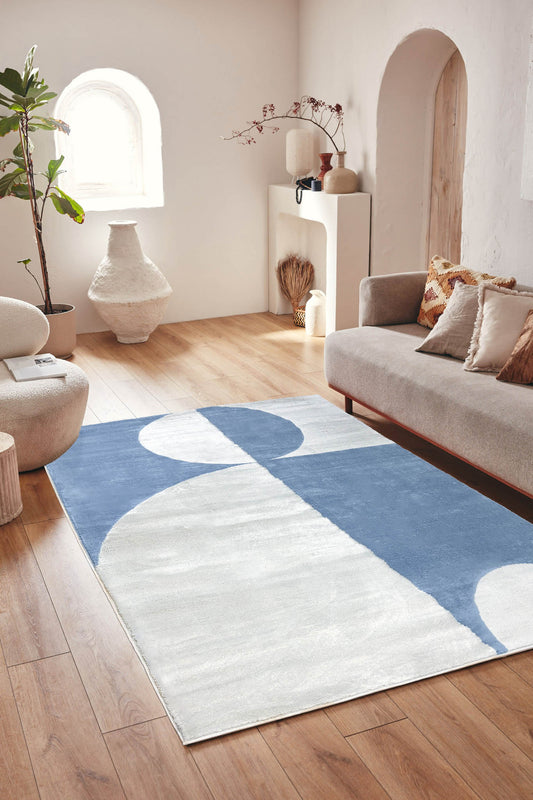 Tapis de salon à poils ras motif géométrique bleu : NEL793BLE NELY