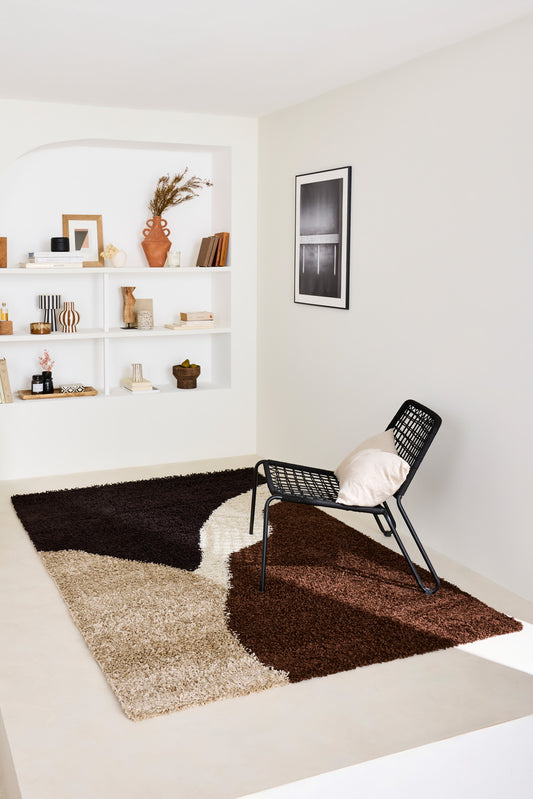 Tapis shaggy à poils long motif abstrait de couleur marron, beige, café et crème : PAL1060MAR PALERME