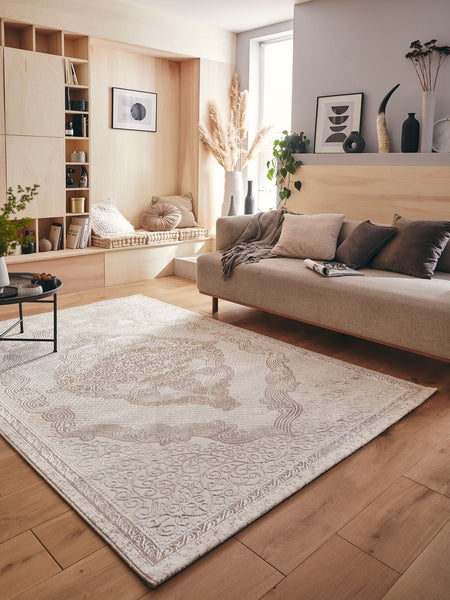 Tapis de salon oriental avec un beau motif en losange – crème beige