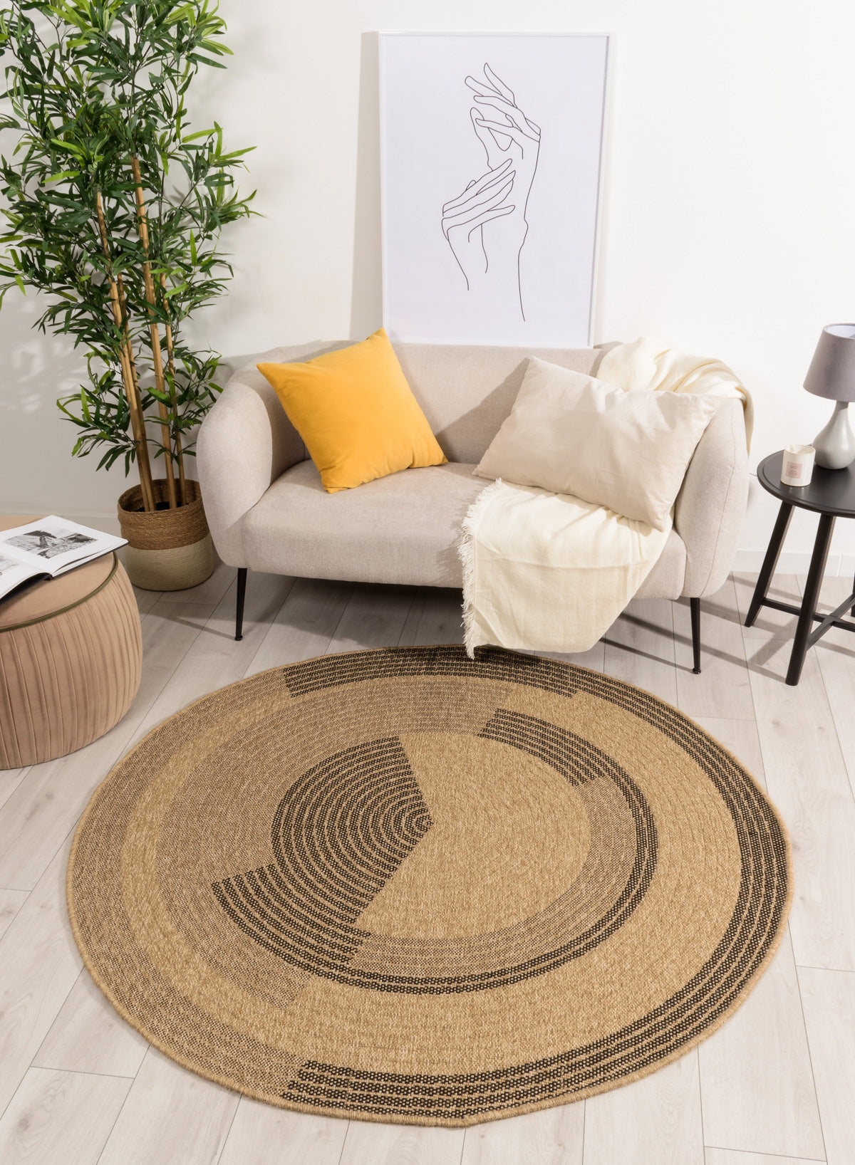 Tapis Géométrique aspect Jute Rond Noir Nazar rugs