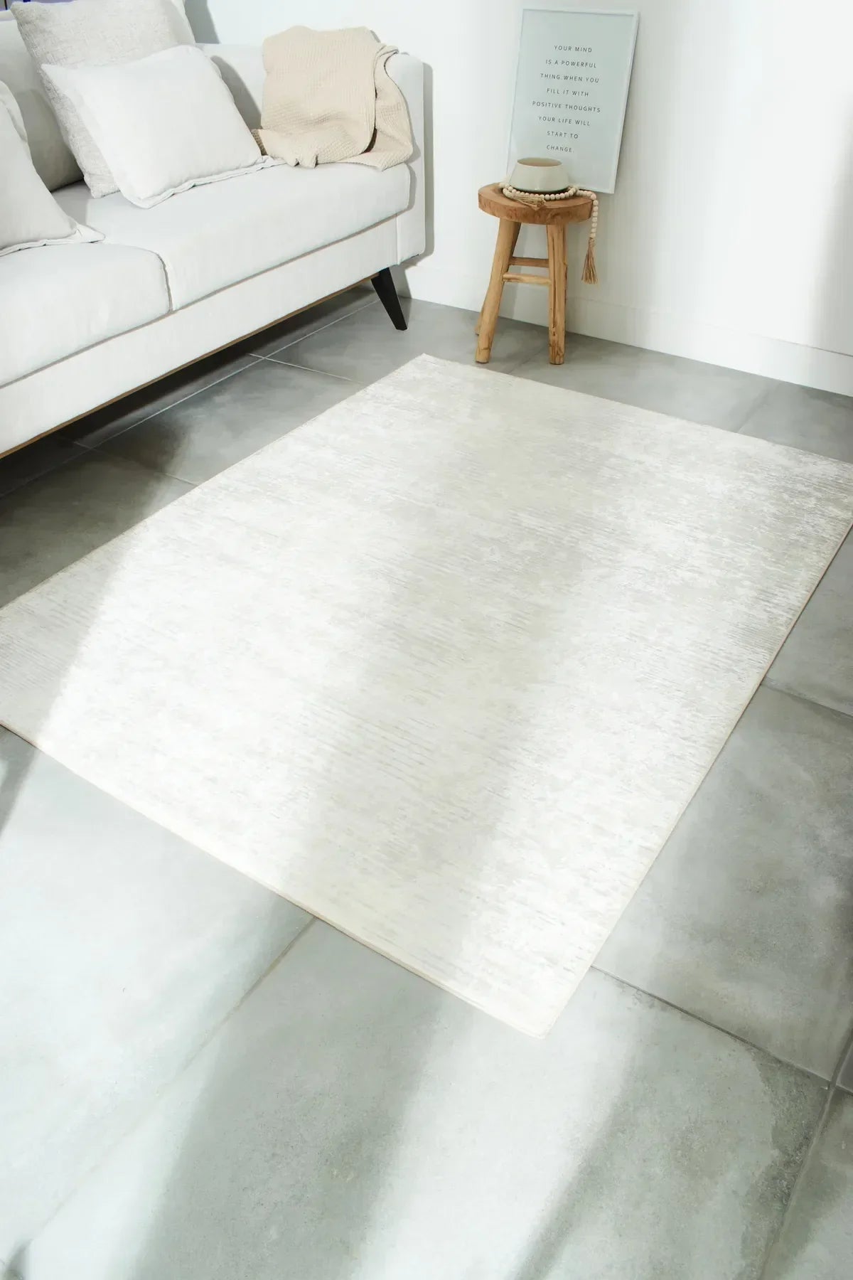 Tapis de salon lavable en machine motif uni crème Nazar rugs