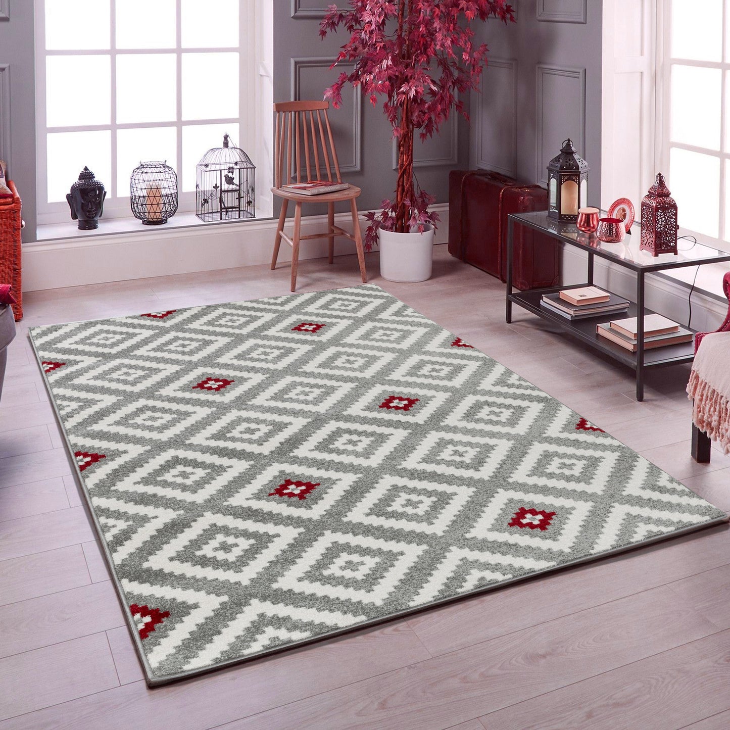 Tapis motif graphique rouge et gris Nazar rugs